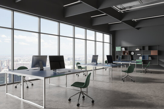 Gray open space office corner with bookshelves