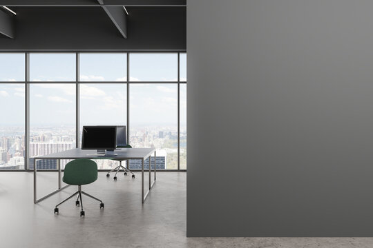 Grey business workplace interior with shared table and chairs, panoramic window
