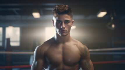 Fototapeta na wymiar Boxing Grit: Young Boxer's Intense Gaze at the Camera, Revealing True Masculine Determination in the Gym.