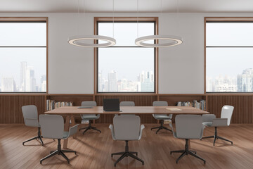 White and wooden board room interior
