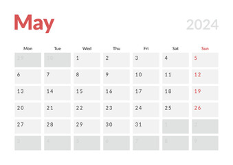 Monthly page Calendar Planner Templates of May 2024. Vector layout of simple calendar with week start Monday for print. Page for size A4 or 21x29.7 cm