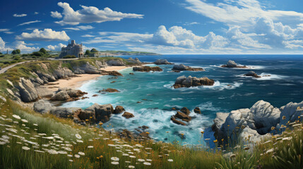 Wildflowers dance in the sea breeze as the cliff edge offers a breathtaking view of the endless ocean.