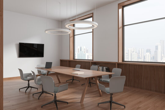 White office room interior with meeting table, tv screen and panoramic window