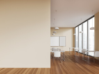 Beige modern school room interior with table in row, window and mock up wall