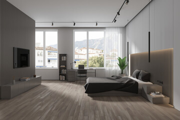 White and gray bedroom interior with TV