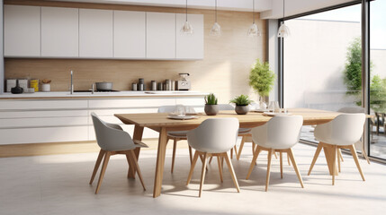 Fototapeta premium Scandinavian Kitchen Charm: Modern Interior Design with Dining Table and Chairs
