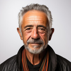 Obraz premium A sophisticated studio headshot of a 66-year-old Latino man with an amused expression on his face.