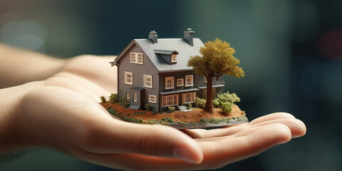 Das Traumhaus als Miniatur in der eigenen Hand halten KI