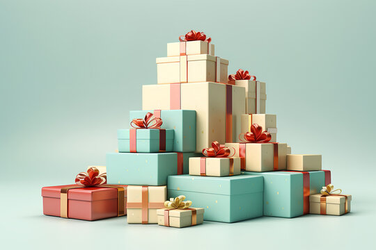 A 3d Scene Of A Colorful Pile Of Gift Boxes On A White Background, 