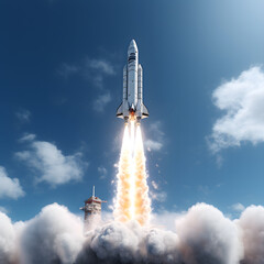 Skyrocket spaceship launch, ultra realistic photo.