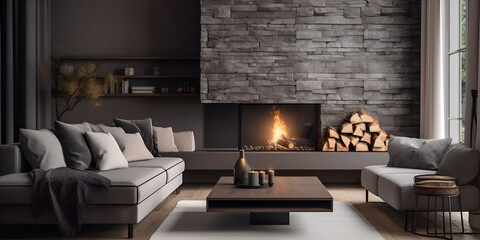 living room with fireplace, Natural Mountain Rock Wall in modern living room interior