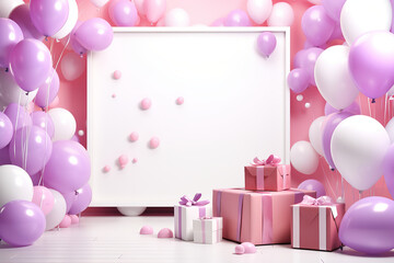 birthday scene with balloons, gifts and blank board, in the style of pastel hues, , silver and magenta, richly colored, asymmetrical framing
