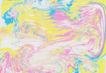 Obraz na płótnie Canvas Yellow-pink blue fluid art. Abstract modern neon background. Gentle iridescence. Background for the design of printing notebooks book covers. Modern fashionable art background. Beautiful paint lines