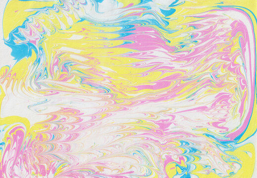 Yellow-pink blue fluid art. Abstract modern neon background. Gentle iridescence. Background for the design of printing notebooks book covers. Modern fashionable art background. Beautiful paint lines