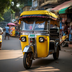 Yellow tuktuk (auto rickshaw) in India street.