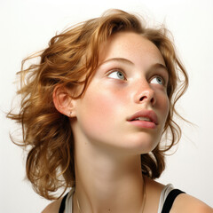 Fototapeta premium Professional studio head shot of a playful 14-year-old Caucasian girl, eyes looking up left.