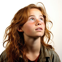 Fototapeta premium Professional studio head shot of a playful 14-year-old Caucasian girl, eyes looking up left.
