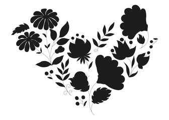 Botanical elements of flowers, berries, branches with leaves. Black silhouettes of the plant in ink.