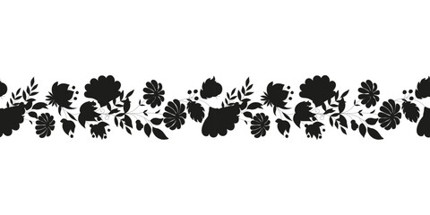 Border of flowers. Poppies and daisies are drawn by hand. Horizontal frame from botanical elements.