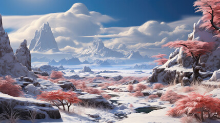 A breathtaking snowy tundra landscape with sparse boulders and drifting snow.