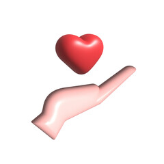 Open Palm with Volumetric Heart. 3d icon red heart in hand. Cartoon arm holding gesture. Realistic illustration of donation, love or charity for social media