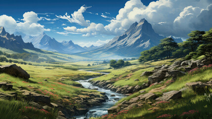 A breathtaking hyper-realistic fantasy landscape of a windswept valley with drifting cloud shadows, bending long grass, and rocky shelter.