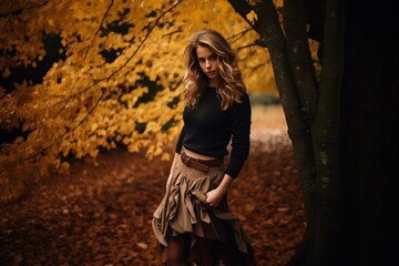 Obraz na płótnie Canvas a woman stands amidst fallen autumn leaves, wrapping herself in a chunky, oversized knit sweater