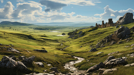 A hyper-realistic fantasy landscape depicting a bleak hilltop with patchy grass and strong winds, adorned with resilient rocks from ancient times.