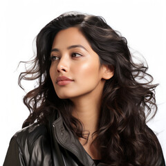 Professional studio head shot of a contemplative 33-year-old South Asian woman, eyes looking left.