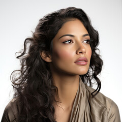 Professional studio head shot of a contemplative 33-year-old South Asian woman, eyes looking left.