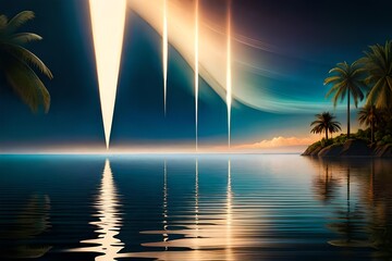 dark abstract background with tropical palm leaves and the reflection of neon lighting on the water surface  generated Ai