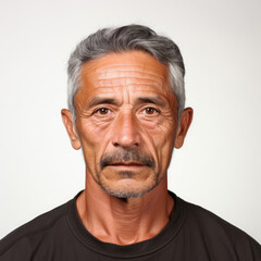 Professional studio head shot of an astounded 65-year-old Latino boy, eyes looking right.