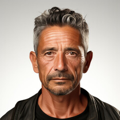 Obraz premium Professional studio head shot of an astounded 65-year-old Latino boy, eyes looking right.
