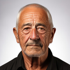 A vivid studio headshot of a confident 79-year-old Latino man.