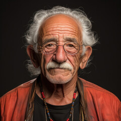 A vivid studio headshot of a confident 79-year-old Latino man.