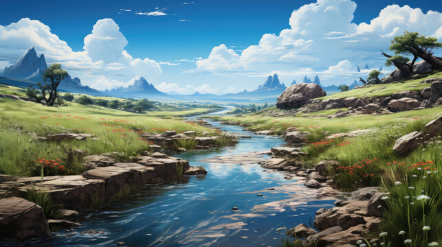 Tall grasses sway in rhythm as a clear and bright river cuts through smooth rocks, creating a picturesque scene.
