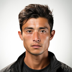 Obraz premium Professional studio head shot of a 29-year-old Central Asian boy with an intrigued expression, looking to the right.