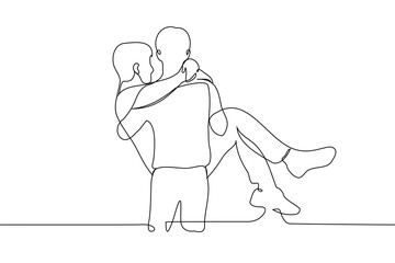 thin man or masculine teenager carries another large adult man as a bride - one line art vector. concept of the weak carrying the strong, making someone work hard, strong teenager