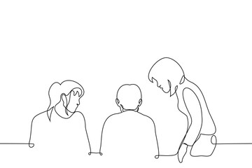 women look around watching man sitting with back to them - one line art vector. only man in female team, interest of opposite sex, avoiding relationships, colleagues are worried, people want to help