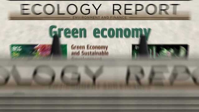 Green economy bio circular and eco friendly economy daily news newspaper printing. Abstract concept retro headlines 3d seamless looped.