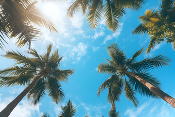 Fototapeta na wymiar Tropical coconut palm trees with clear blue sky as copy space background low angle view. Generative AI