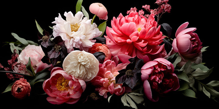 Close-up Beautiful Dark moody floral peony flowers wall background