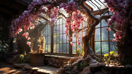Fototapeta premium Exotic blooms dangle from every corner in a hyper-realistic fantasy greenhouse of orchids.
