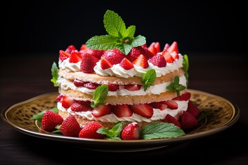 Strawberry cake with whipped cream and fresh strawberries on dark background.Generative Ai