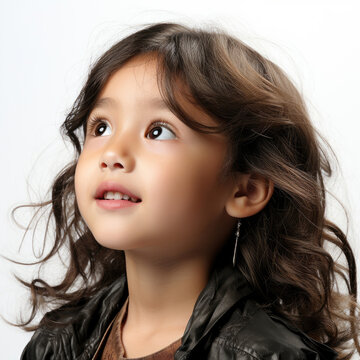 Professional studio head shot of a jolly 8-year-old Southeast Asian girl, eyes looking up left.