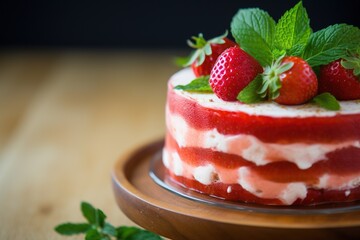 Strawberry cake with whipped cream and fresh strawberries on dark background.Generative Ai