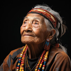 A 95-year-old Native American woman with a joyful expression, looking up to the right, captured in a full head professional studio headshot.