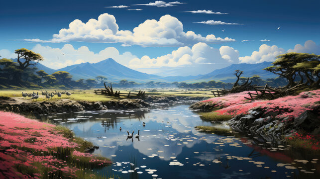Hyper-realistic fantasy marsh in spring with calm waters, singing birds, and swaying reeds.