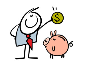 Cartoon businessman in an elegant suit, a capitalist, puts a dollar in a piggy bank and saves money for financial security. Vector illustration of the correct attitude to savings.
