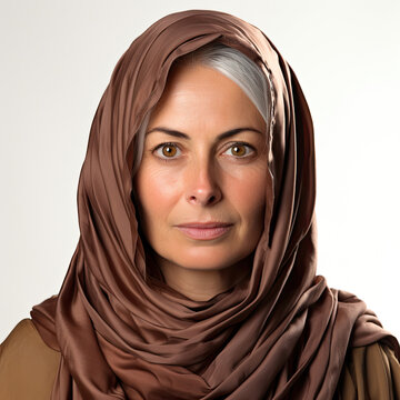 A full head shot of a 50-year-old Middle Eastern woman looking bored in a modern studio setting.
